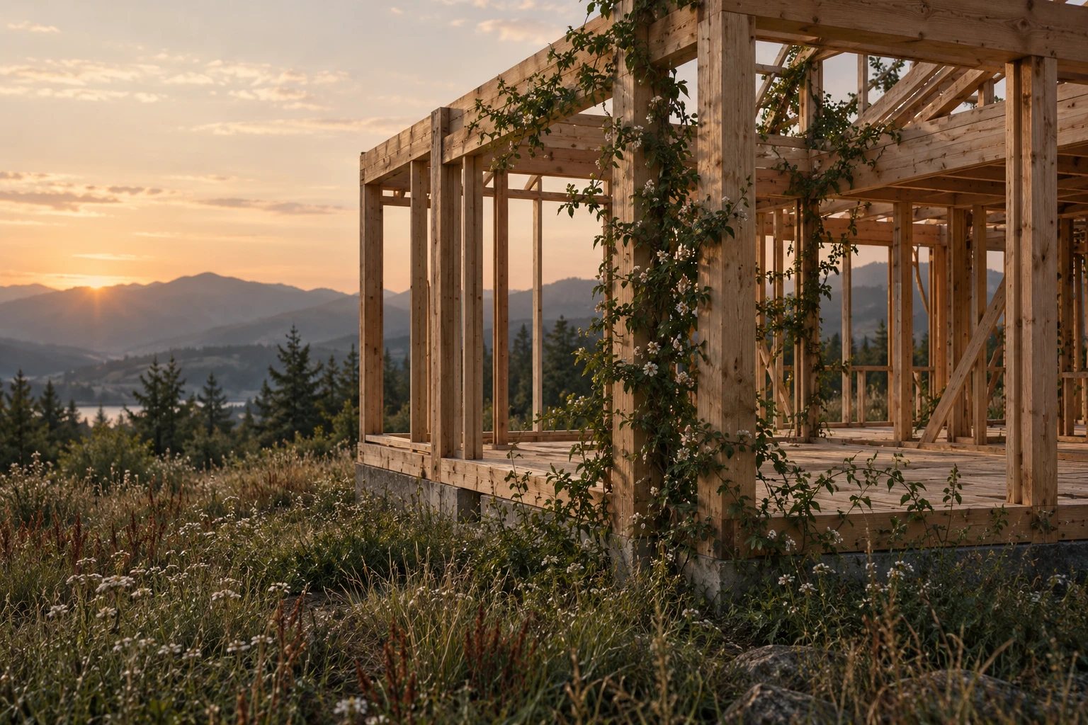 The timber frame of a house under construction at dawn, a flowering vine growing up through the posts